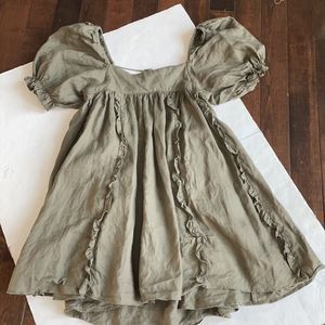 Mable olive linen babydoll dress, puffed sleeves. Women’s size large